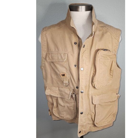 CAT Men's Tan Canvas Utility Vest Caterpillar Size L - Picture 5 of 8
